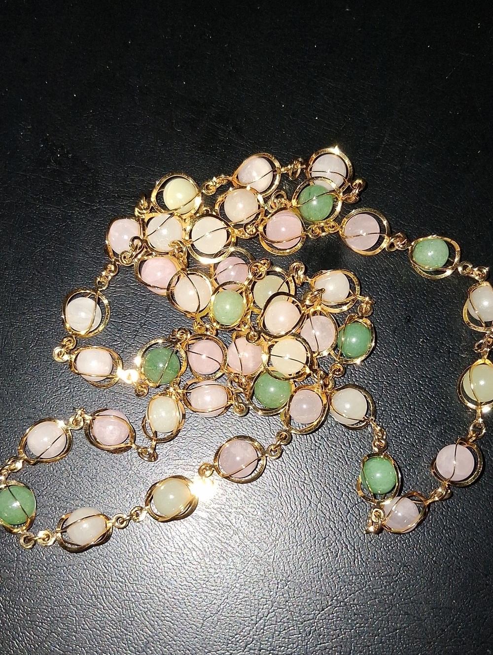 Source Unknown Gold-Link Necklace with Pink, Green and Cream Beads